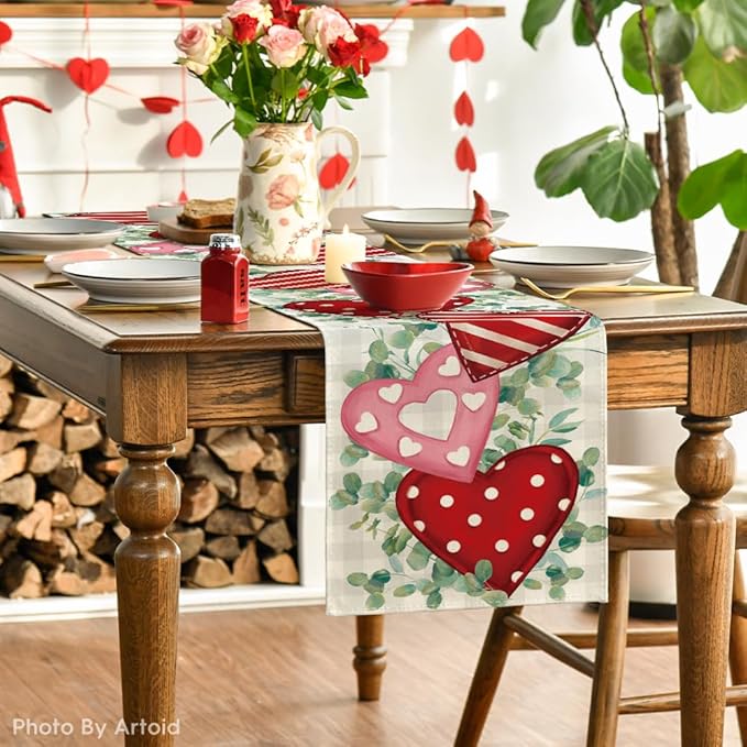 Artoid Mode Eucalyptus Polka Dot Hearts Valentine's Table Runner, HoliKitchen Dining Table Decoration for Home Party 13x108 Inch