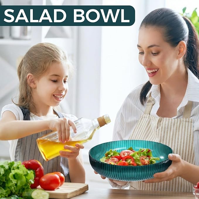 10 Pack 10 Inch Large Plastic Serving Bowls Salad Mixing Bowl Vertical Ribbed Pattern Buffet Party Serving Bowls for Vegetable Fruit Salad Candy Chip Popcorn Snack(Peacock Blue)