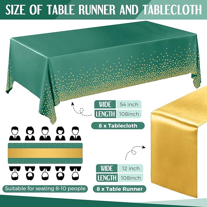 Tudomro 16 Pcs Green and Gold Disposable Plastic Tablecloths and Satin Table Runner Set 54x108 Inch Tablecloth 12x108 Inch Table Runners for New Year Wedding Birthday Baby Shower Graduation