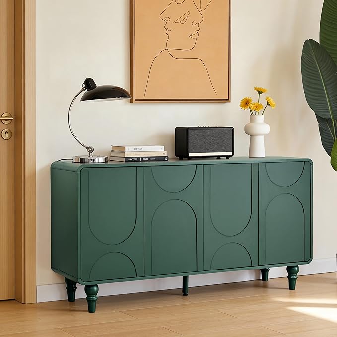 Mid Century Modern Sideboard Buffet Cabinet with Storage, Kitchen Sideboard Credenza Storage Cabinet with Doors and Shelves for Home Coffee Bar, Dining Room, Office, Entryway - Green
