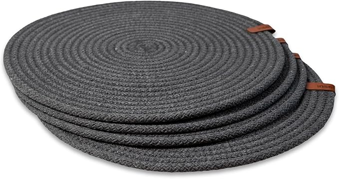 Round Placemats, Set of 4, Handmade by Braided Cotton Cord for Kitchen and Dining Table, Dia. 12.6 Inch, Doublesided, Heat Resistant, Dark Gray