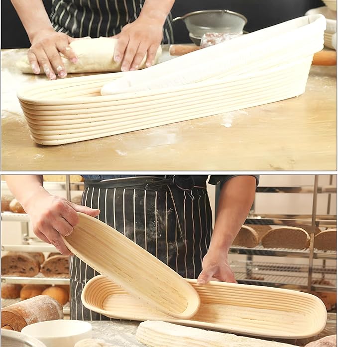 2 Pack 21.7 Inch Oval Banneton Proofing Basket Set, Natural Rattan Sourdough Bread Baking Bowl with Linen Liner, Large Cane Dough Rising Kit for Home Bakers Making Artisan Baguette Batard