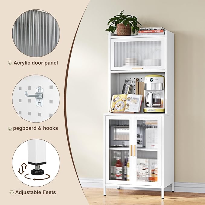 Letaya Metal Kitchen Pantry Cabinet,63" Tall Kitchen Bakers Rack with Storage, Coffee Hutch with countertop,Metal Microwave Stand with Glass Doors for Dining Room, Laundry, Hallway,White