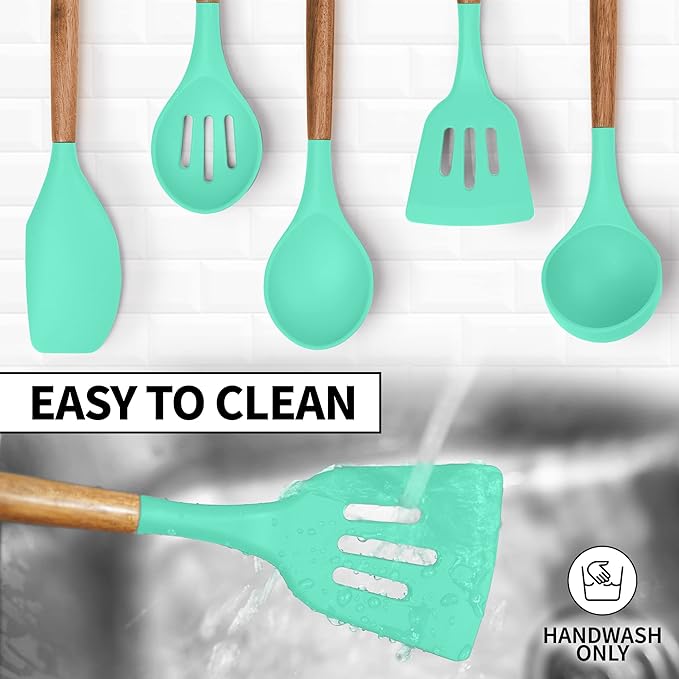 Zulay Kitchen Non-Stick Cooking Utensils Set with Authentic Acacia Wood Handles ??5-Piece Durable & Stylish Silicone Kitchen Utensils Set ??Heat Resistant to 464째F ??Mint