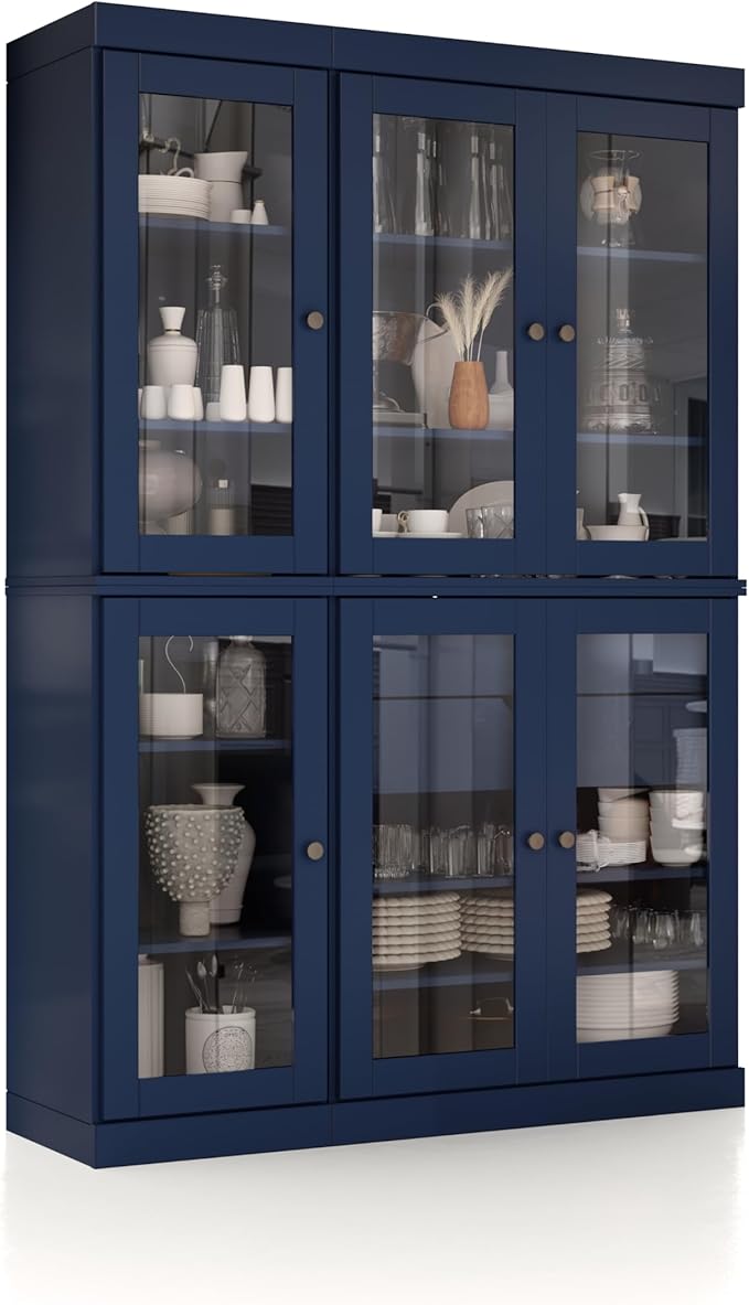 Palace Imports 100% Solid Wood 48.5" Pantry China Cabinet with Clear Glass Doors, 2-Drawers and Adjustable Shelves (Navy Blue)