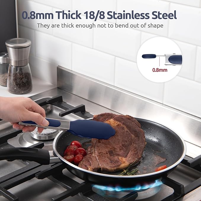 600쨘F Heat Proof Kitchen Tong: U-Taste 7" Silicone Cooking Tong with Firm Sealed Non Stick Rubber Tips & Silicon Coated 18/8 Stainless Steel Handle & Smooth Locking for Serving Salad (Midnight Blue)