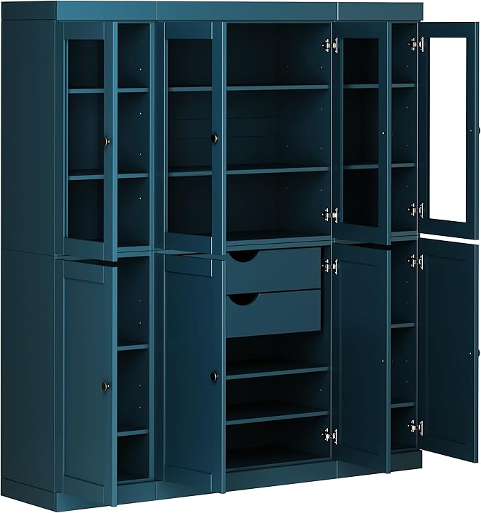 Palace Imports 100% Solid Wood Kitchen China Pantry Cabinet, 65" W - 4 Clear Glass & 4 Shaker Doors, Renewable Eco-Friendly Wood, Made in Brazil (Teal Blue, 8 China/Shaker Doors | 2 Drawers)