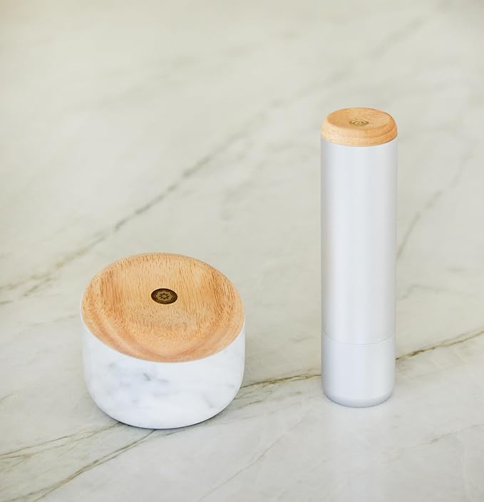 Evermill Premium Pepper Mill with Tellicherry Peppercorns, Anodized Aluminum Body, Wooden Cap, 26 Grind Settings, Manual Grinder (Silver with Walnut)