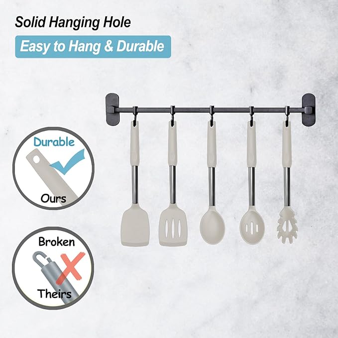 Silicone Spatula and Cooking Spoon,5 Pack Non-Stick Cooking Utensils for Kitchen竊똇eat Resistant Solid & Slotted Spoons and Spatulas, Stainless Steel Handle Coated with Silicone, Khaki