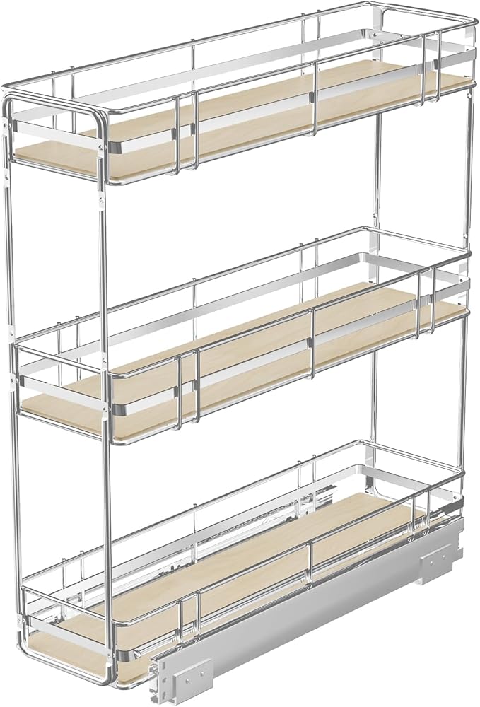 Pull Out Spice Rack Cabinet Organizer 7" W x 20쩍" D, 3 Tier Heavy Duty Slide Out Wood Shelf for Narrow Cabinet, Pull Out Storage for Kitchen