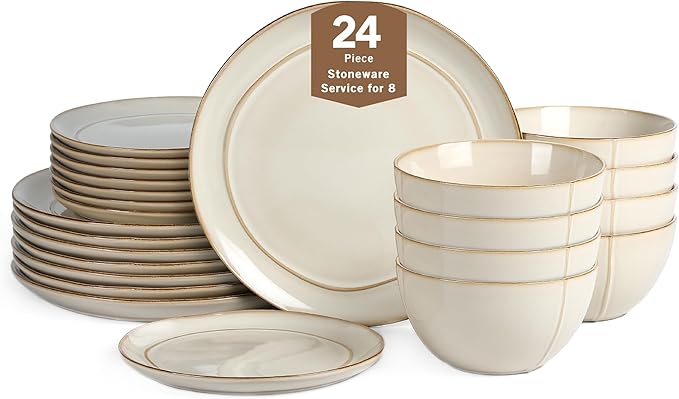 Stone Lain Infinity 24-Piece Dinnerware Set Stoneware, Plates and Bowls Set, Dishwasher and Microwave Safe, Dish Set for 8, Beige