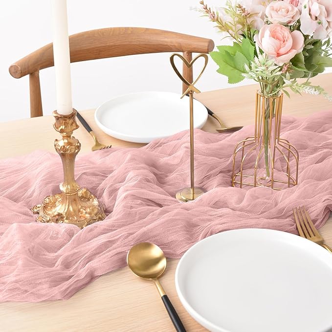 Joanlody Dusty Rose Cheesecloth Table Runner Spring Easter 10Ft Rustic Gauze Boho Cheese Cloth Table Runner for Wedding Bridal Baby Shower Decoration