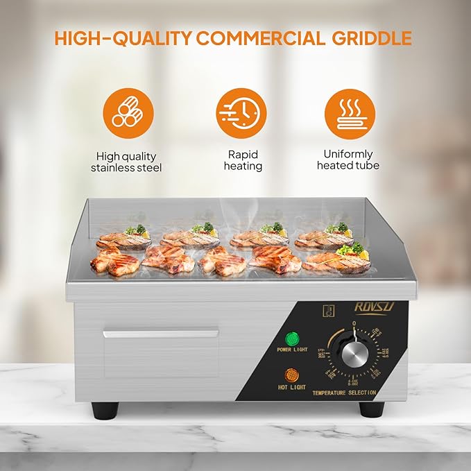 ROVSUN 14" Electric Countertop Flat Top Griddle, 1500W Electric Griddle, Teppanyaki Grill Stainless Steel with Adjustable Temperature Control 122째F-572째F for Home Restaurant Commercial