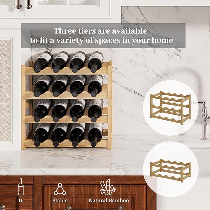 Wine Rack竊똁amboo Wine Storage Cabinet Shelf竊똂ountertop Wine Shelf- Freestanding Wine Holder for Kitchen & Pantry (Natural, 4-Tier)