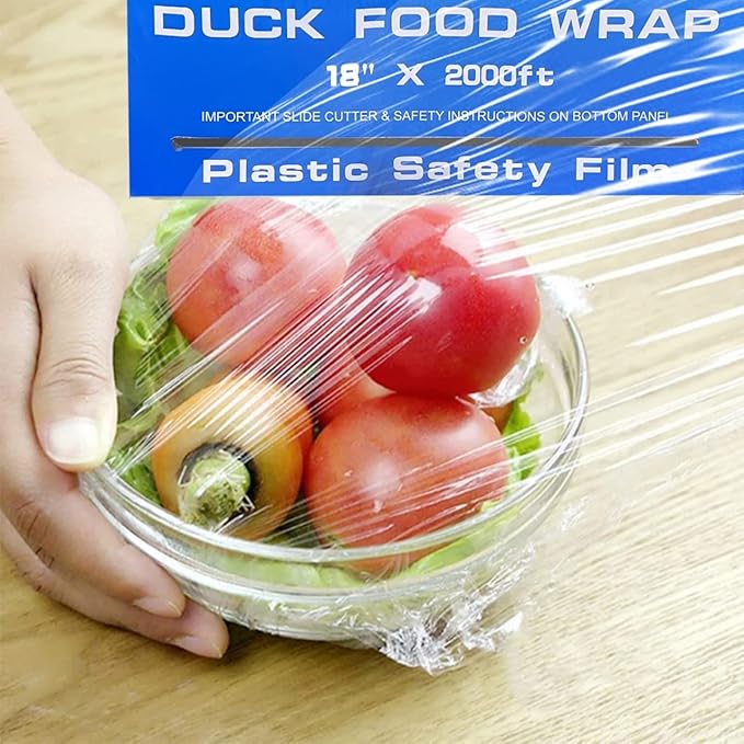 Duck Food Safety Film, 18 inch x 2000ft Plastic Wrap, Commercial Grade, Great for Sealing and Storage, Used for Food Service Industry, Easy to Use Slide Cutter for Clean Cut Use (4 Box)