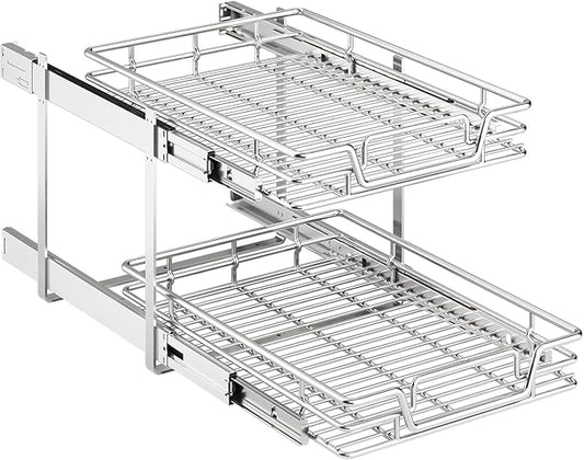 2-Tier Kitchen Cabinet Pull Out Shelf and Drawer Organizer Slide Out Pantry Storaqe Basket in Multiple Sizes (16" W x 21" D)