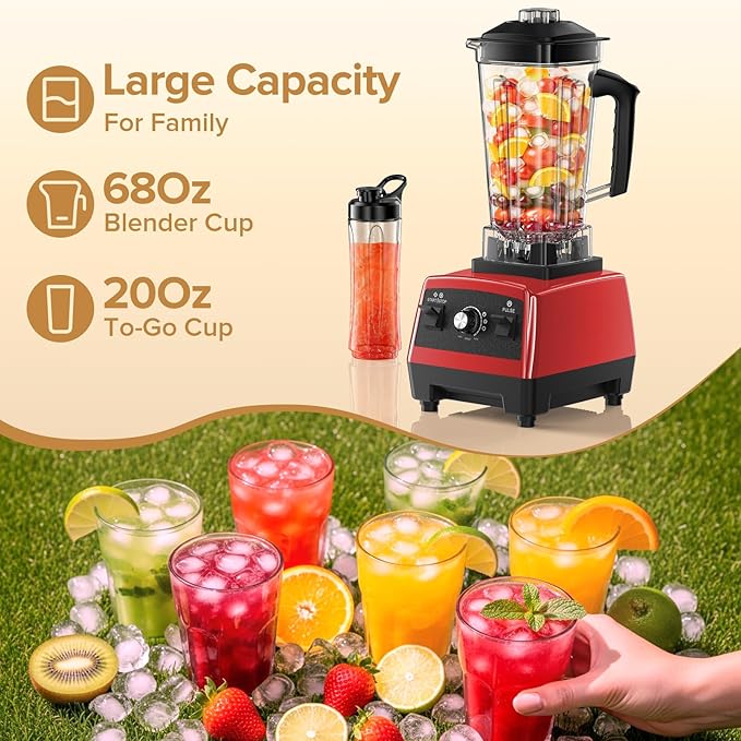 Blender for Smoothies, Blenders for Kitchen with 68Oz. Pitcher and 20Oz.Juicer Container, Smoothie Blender for Ice Crushing, Frozen Fruits, Red