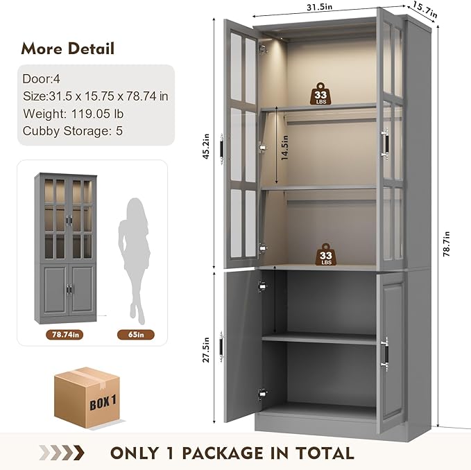 MEISSALIVVE Kitchen Pantry Storage Cabinet with LED Lights, 78.7" Tall with Glass Doors & Drawers, Freestanding Utility Cabinet, Grey (31.5" W x 15.7" D)