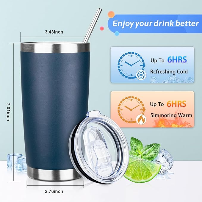 ATIKZHE 20oz Tumbler with Straw and Brush, Stainless Steel Vacuum Insulated tumbler, Double Wall Insulated Coffee Tumbler for Outdoor, Home, Travel,Office (Navy Blue,8pcs)