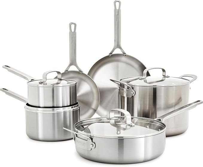 GreenPan x Bobby Flay 10 Piece Stainless Steel Cookware Set, Tri-Ply Multiclad Pots & Pans, Professional Grade, Oven & Broiler Safe to 600째F, Dishwasher Safe, Durable, Induction Compatible, Silver