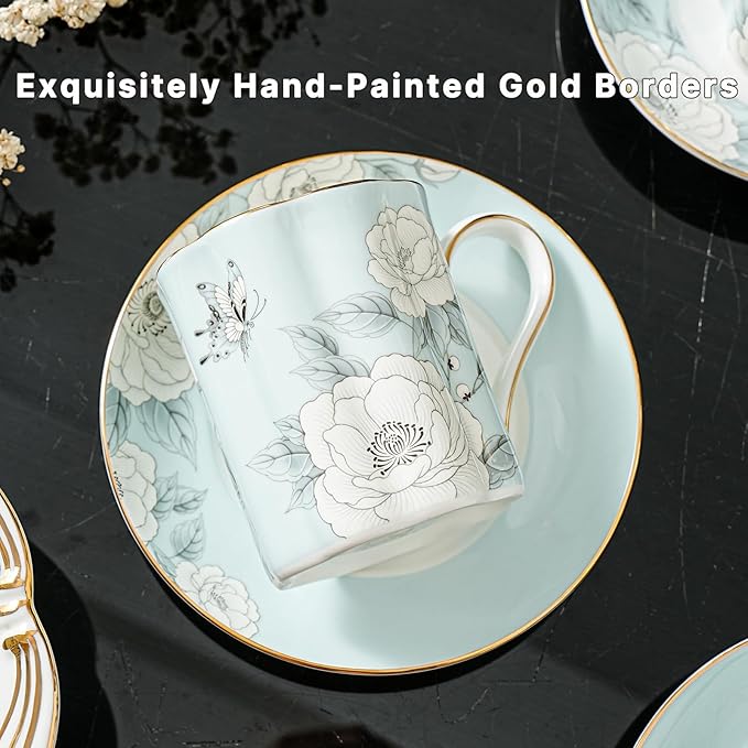 Floral Tea Cup and Saucer Set, Bone China Cup and Saucer with Spoon, Elegant Porcelain Coffee Cup with Gold Trim, Food Grade Coffee Mug for Women, Tea Party, Gifts Giving, 6.8 oz