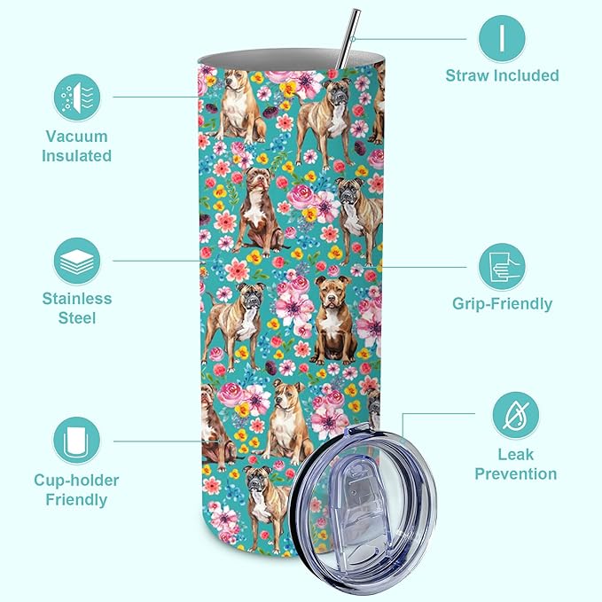Yogusut Pitbull Gifts for Women, 20oz Stainless Steel Insulated Tumbler Travel Mug Cup with Lid Straw Brush, Gifts for Dog Mom Dog Lover