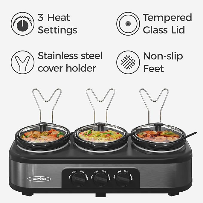 Sunvivi Triple Slow Cooker, Buffet Server & Warmer with 3 Removable Ceramic Pots, 3 Adjustable Temp Settings & 3 Metal Lid Rests, Stainless Steel, 3 * 1.5 Quarts Grey