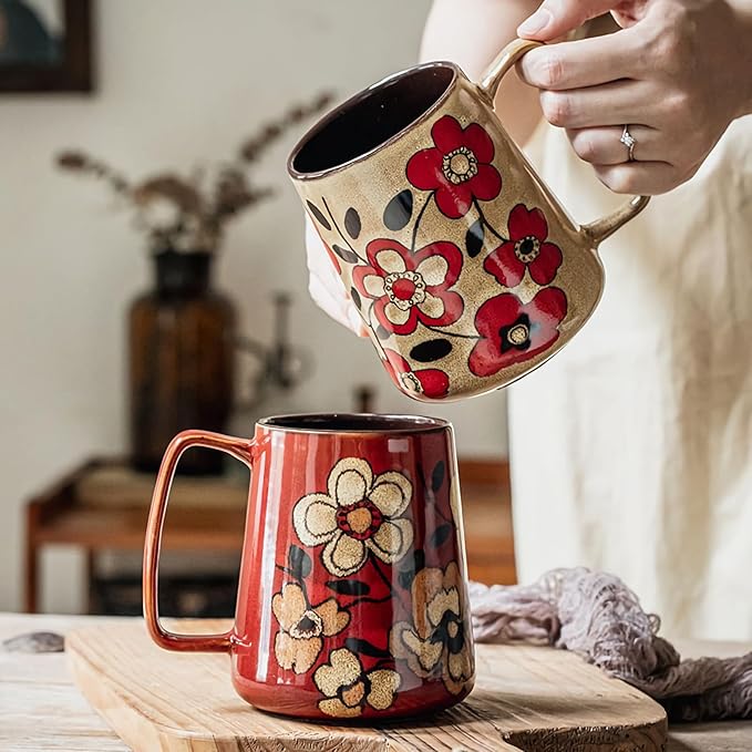Extra Large Tall Coffee Mugs with Handle - Set of 2, 24 oz Ceramic, Dishwasher & Microwave Safe, Flower Design