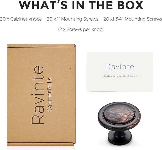 Ravinte 20 Pack 1-1/4 Inch Kitchen Cabinet Knobs Oil-Rubbed Bronze Zinc Pulls Door Handles for Dresser Drawers