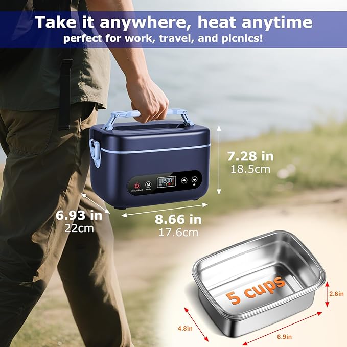 THZDMI 1.2L Cordless Electric Lunch Box ??20000mAh Rechargeable Portable Food Warmer with 5-Sided Heating, Auto Temperature Control, Leakproof & BPA-Free ??Perfect for Office, Truck, Outdoors Blue