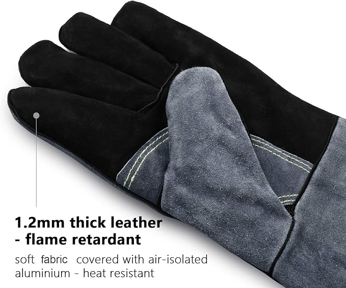 OZERO 932째F Heat Resistant Mig/Stick Welding Gloves 14 inches Cowhide Leather - Long Sleeve and Insulated Lining Barbecue Glove for Tig Welder/Grilling/Oven/Stove Black-gray