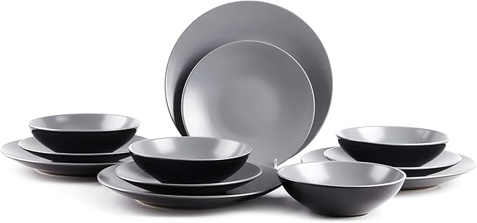 Stoneware Two-Tone Colors Life 12pc Dinner Set, Outside Shiny Black + Inside Matte Light Grey