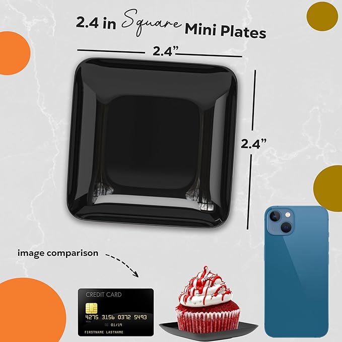 Exquisite Tiny Mini Dessert Plates Disposable Appetizer Plates - 1440 Pack 2.4 In. x 2.4 In. Black Dessert Plates - Small Plastic Disposable Dessert Plates are BPA Free - Wedding Dessert Plates