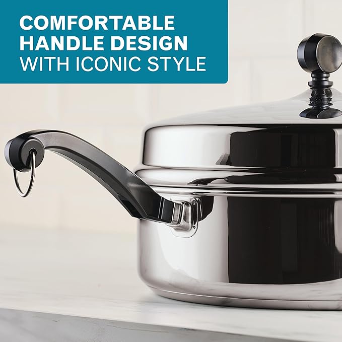 Farberware Classic Series Anniversary Edition Stainless Steel Saut챕 Pan and Lid with Helper Handle, Induction Suitable, 6 Quart Jumbo Cooker, Metal Utensil Safe - Stainless Steel