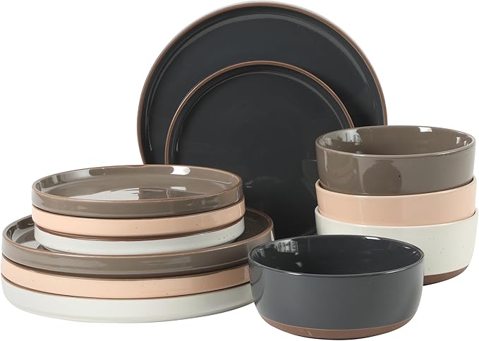 Gibson Elite Northrock Stoneware Dinnerware Set, 12-Piece Service for 4 Plates and Bowls Set ??Assorted Colors Blue, White, Pink, Gray Dishes with Hand-Painted Terracotta Base