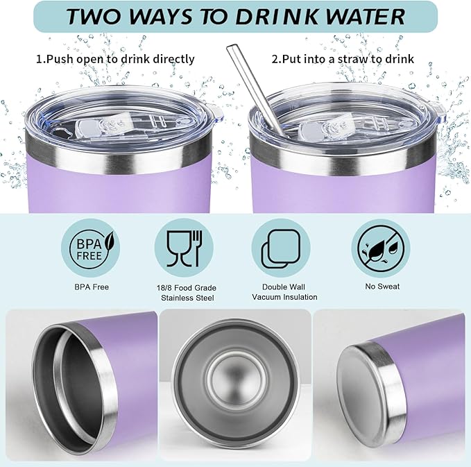 ATIKZHE 20oz Tumbler with Straw and Brush, Stainless Steel Vacuum Insulated tumbler, Double Wall Insulated Coffee Tumbler for Outdoor, Home, Travel,Office (Lilac,1pcs)