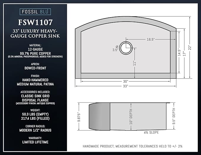 FSW1107 LUX 33-INCH HEAVY 12-GAUGE MEDIUM PATINA COPPER FARMHOUSE SINK, INCLUDES ACCS, CURVED FRONT