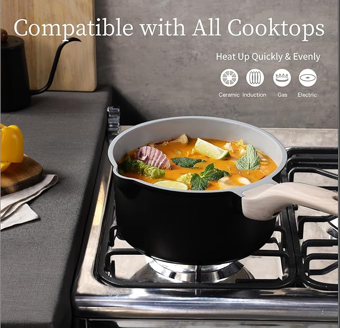 CAROTE 1.5Qt & 3.0Qt Sauce Pan Set with Lid Nonstick Ceramic Saucepan with Pour Spout 4 Pcs Sauce Pots Non-Toxic Cooking Pots (Black/Gray)