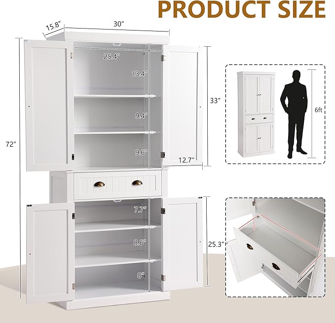 72" Kitchen Pantry Storage Cabinet, Freestanding Cupboard with 2 Cabinets, Drawer and Adjustable Shelves, Tall Storage Cabinet for Kitchen, Dinning Room, Living Room (White)