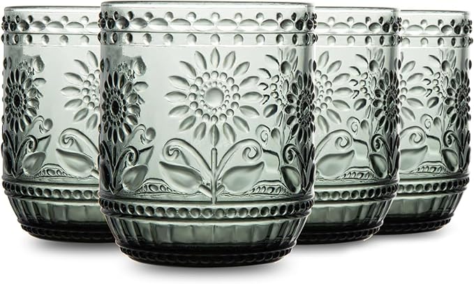 Luminthra Elegant Vintage Crystal Glassware Set, Embossed Floral Drinkware, 12oz Green and Multi-Color Glass Cups for Wine, Cocktails, and Beverages (Gray)