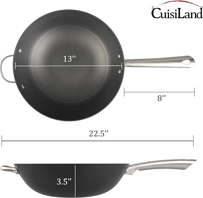 Cuisiland 12.5" Honeycomb Cast Iron Wok with Dual Handles ??Non-Stick Stir-Fry Pan, Stainless Steel Long Handles, Oven Safe, Classic Cast Iron Heat Retention