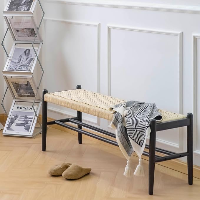 XINNAN Solid Wood Entryway Bench with Shoe Storage, Rustic Oak Wood and Woven Design 45 Inch Long Seating for Living and Dining Rooms,Black