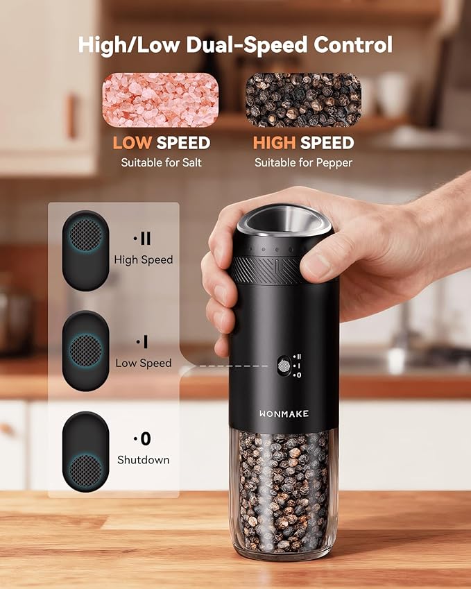 WONMAKE Gravity Electric Salt and Pepper Grinder Set with Charging Base, Automatic Salt and Pepper Mill, 6-Level Adjustable Coarseness, Dual Speed, and Large 5.95oz Capacity