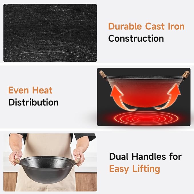 WANGYUANJI 11.8 Inch Handmade Cast Iron Wok with Dual Handles, Small Round-Bottom Chinese Wok for 1?? Servings, Uncoated Stir Fry Pan for Gas Stoves & Open Flame Cooking