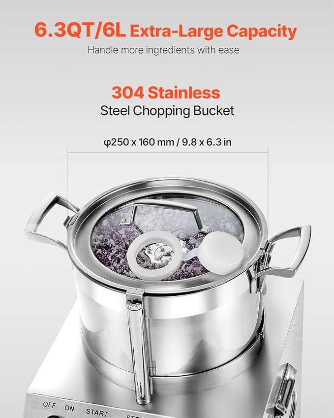 VEVOR Food Processor & Vegetable Chopper, 6.3 Quart Food-Grade Stainless Steel Food Processor Chopper with 2 Extra S-Curve Blades, Ideal for Chopping Vegetables, Fruit, Grains, Nuts