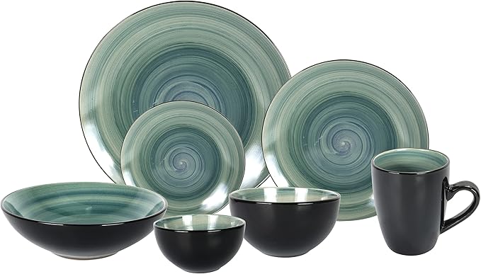 Stoneware Sonoma Dinnerware Set, Black + Speckled Spin Wash (56pc Set, Mix Blue, Green, Red, Yellow)