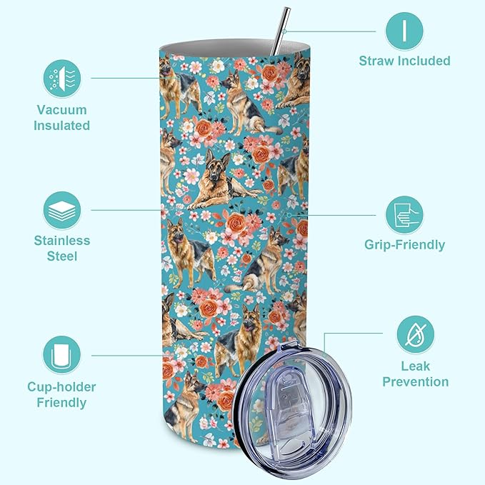 Yogusut German shepherd Gifts for Women, 20oz Stainless Steel Insulated Tumbler Travel Mug Cup with Lid Straw Brush, Gifts for Dog Mom Dog Lover