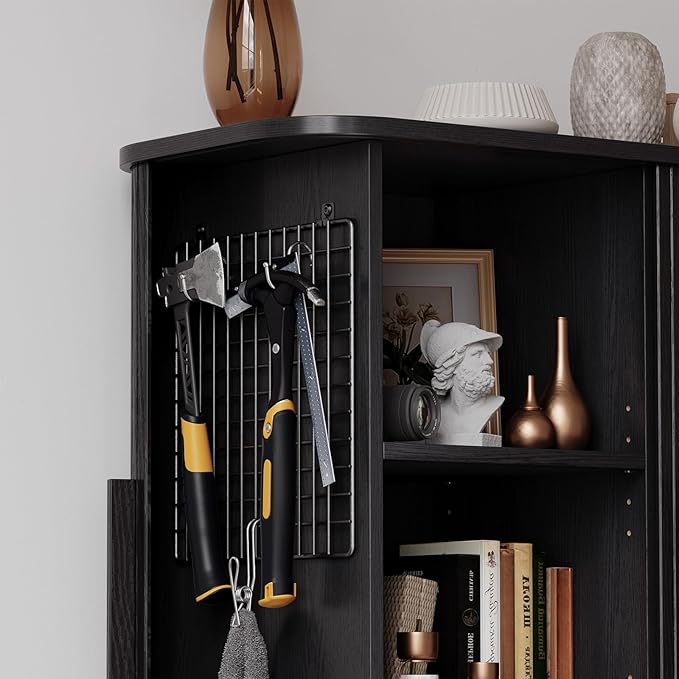 ONBRILL 71" Fluted Pantry Cabinet, Tall Kitchen Pantry Storage Cabinet with 2 Pegboards, 4 Hooks & Adjustable Shelves, Wood Cupboard for Kitchen, Dining Room, Living Room and Hallway, Black