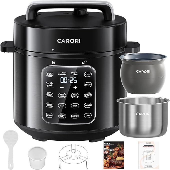 9-in-1 Electric Pressure Cooker 6 Qt, Dual Inner Pots, Stainless Steel Pot and Non-Stick Pot, 12 Preset Cooking Programs with IMD Touchscreen, Safe Vent, Slow Cook, Rice Cook, Steam, Black