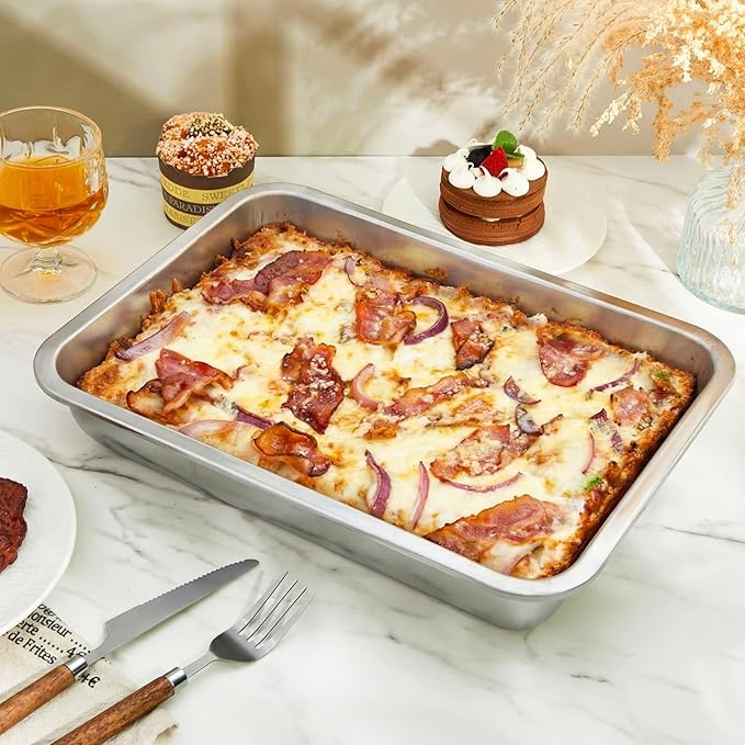 RimCereal 3 Pcs Detroit Style Pizza Pan 10 x 14 x 2.36 Inch Non Stick Rectangle Deep Pizza Pans Pre Seasoned Sicilian Style Pan Dish Bakeware Kitchenware(Silver)